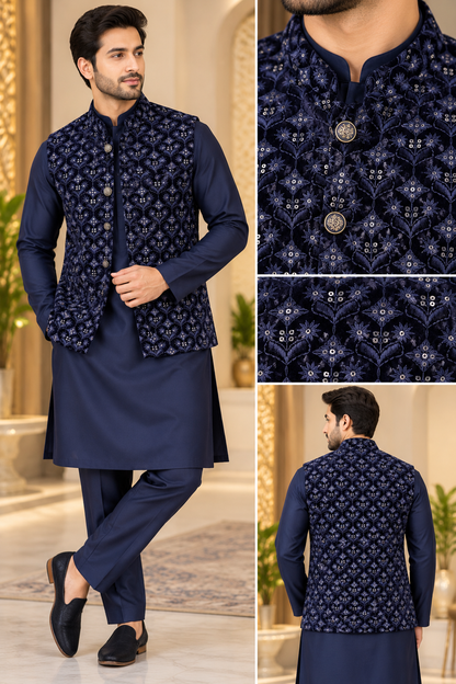 KPJ5313 Plus Size Blue Velvet Embroidered Nehru Jacket