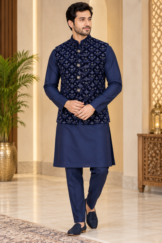 KPD7142 Blue Velvet Embroidered Nehru Jacket with Kurta Pant Set