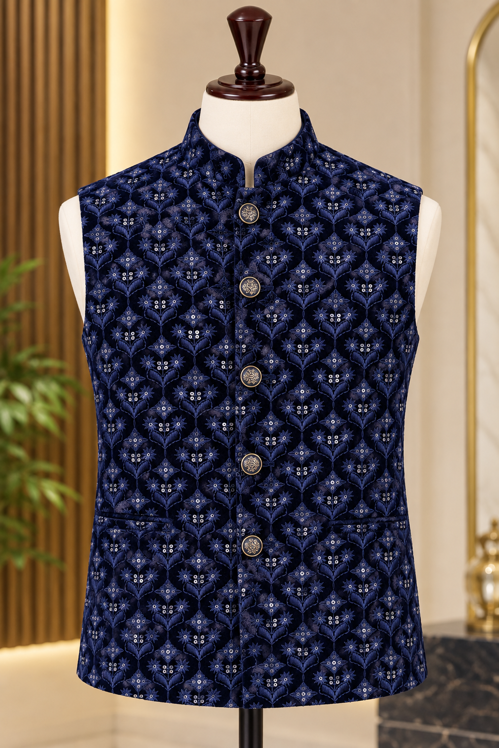 KPJ5313 Plus Size Blue Velvet Embroidered Nehru Jacket