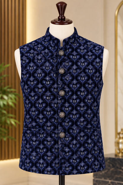 KPJ5313 Plus Size Blue Velvet Embroidered Nehru Jacket