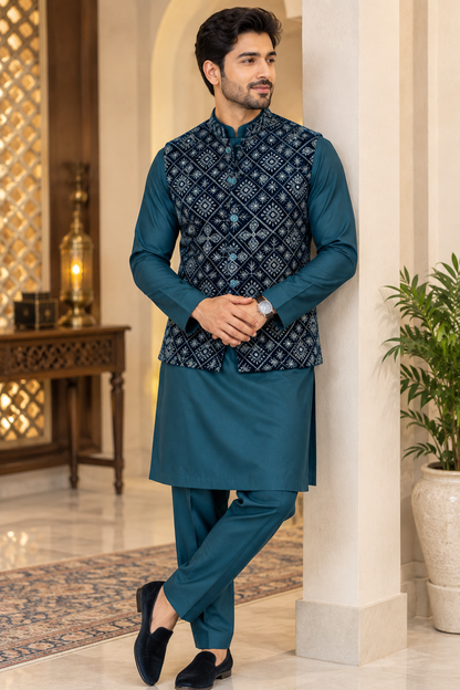 KPJ7142 Teal Velvet Embroidered Nehru Jacket