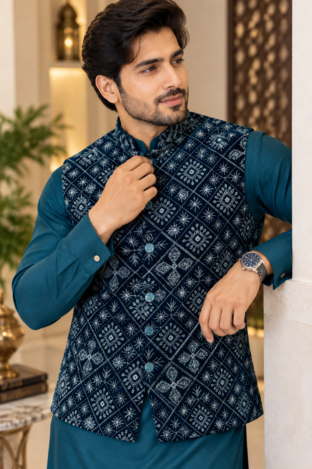 KPJ7142 Teal Velvet Embroidered Nehru Jacket