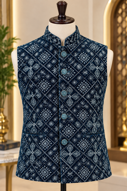 KPJ7142 Teal Velvet Embroidered Nehru Jacket