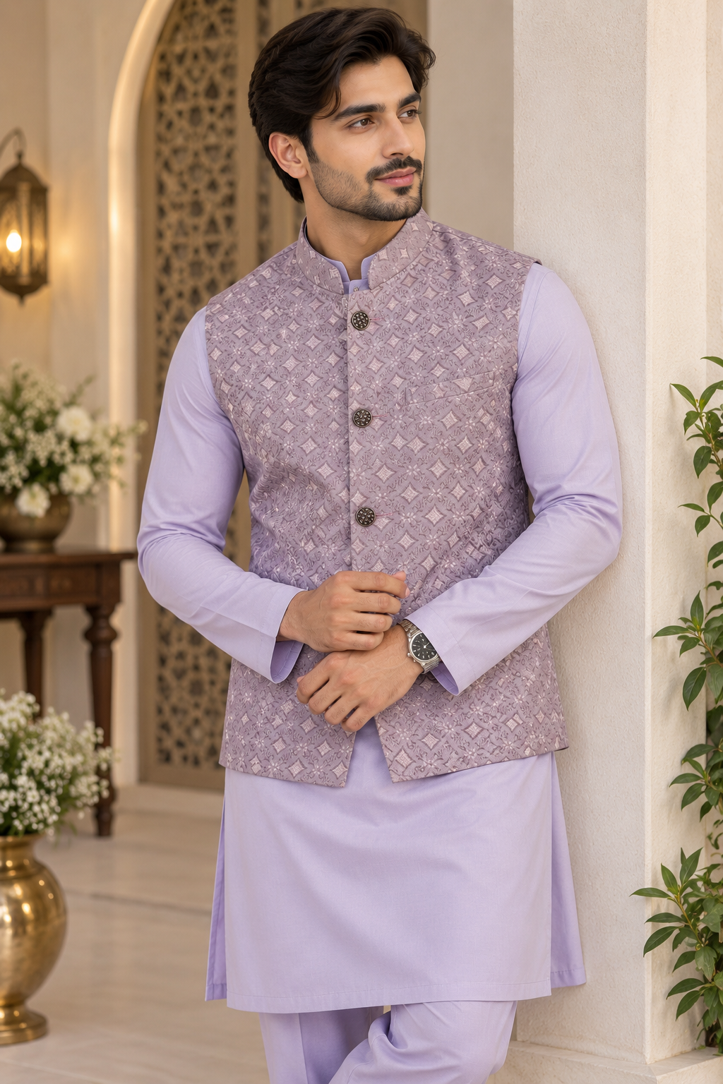KPJ5316 Plus Size Dusty Mauve Self-Patterned Jacquard Nehru Jacket