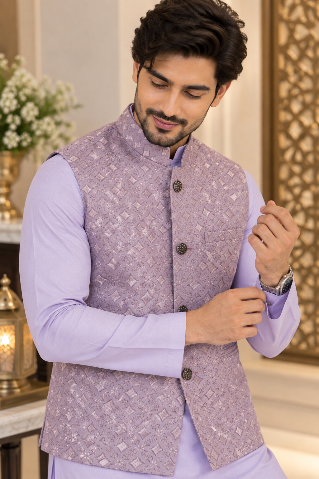 KPJ5316 Plus Size Dusty Mauve Self-Patterned Jacquard Nehru Jacket