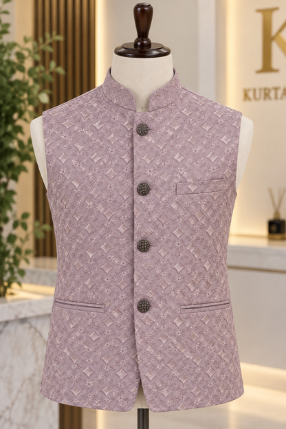 KPJ5316 Plus Size Dusty Mauve Self-Patterned Jacquard Nehru Jacket