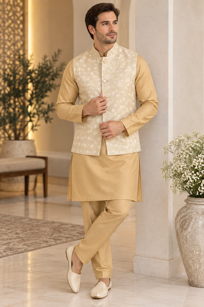 KPJ7143 Cream Gold Self-Patterned Jacquard Nehru Jacket