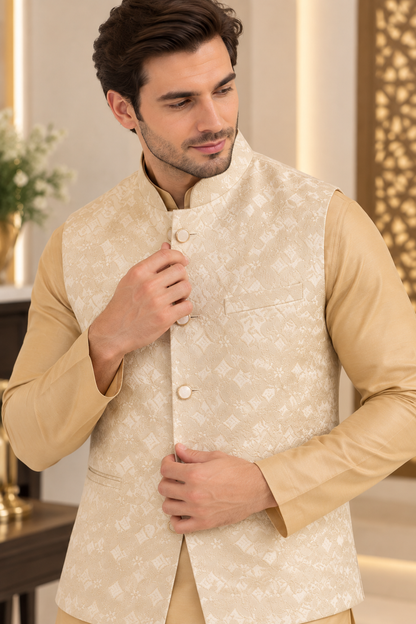 KPJ7143 Cream Gold Self-Patterned Jacquard Nehru Jacket