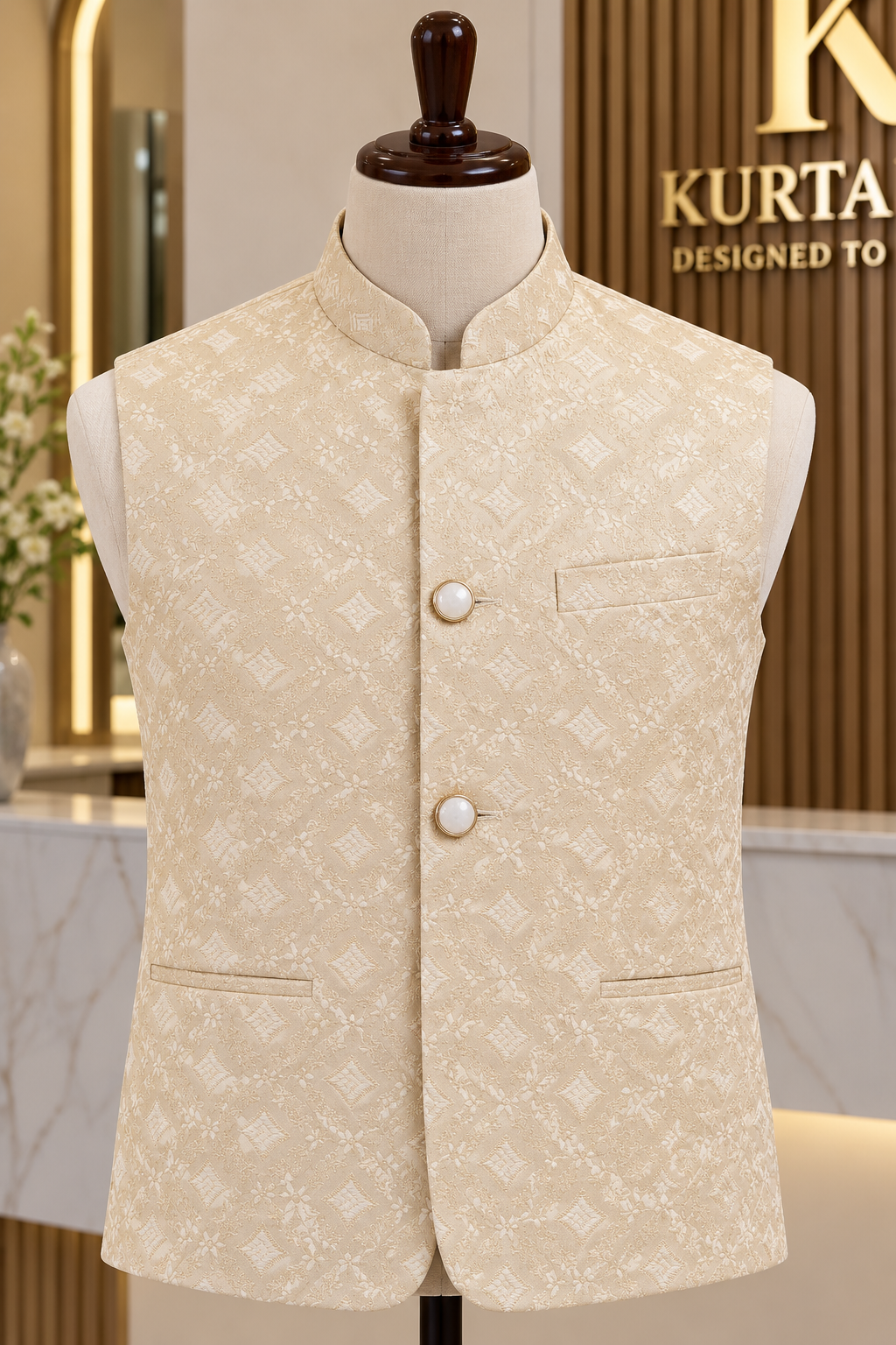 KPJ7143 Cream Gold Self-Patterned Jacquard Nehru Jacket
