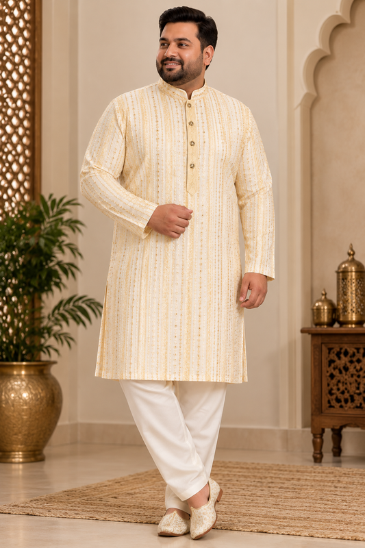 KPD4122 Plus Size Cream Gold Thread & Sequin Embroidered Kurta