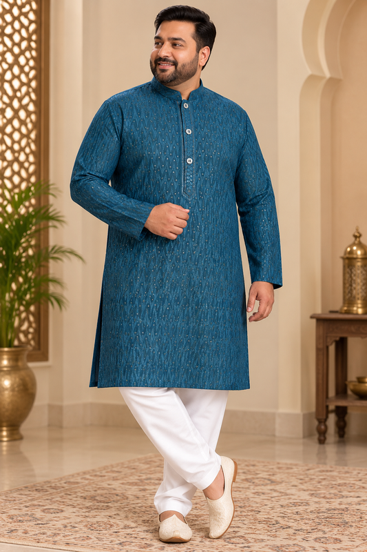 KPD4124 Plus Size Teal Blue Sequin Self-Patterned Kurta Set