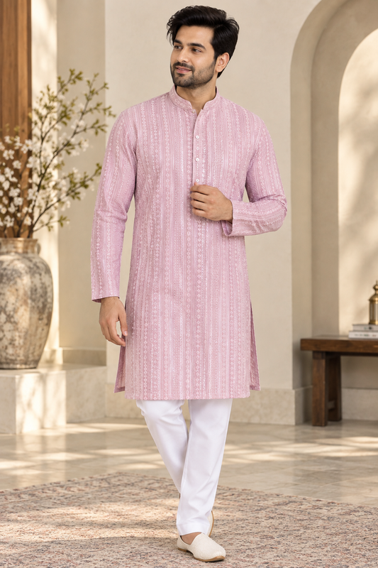 KPD6307 Soft Lavender Embroidered Kurta with White Pyjama