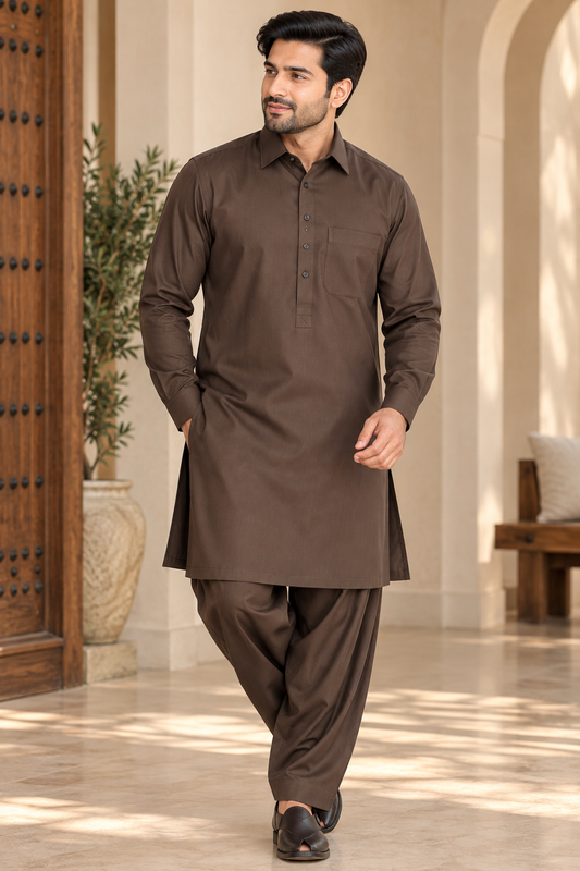 KPD6308 Brown Viscose Cotton Pathani Kurta Set