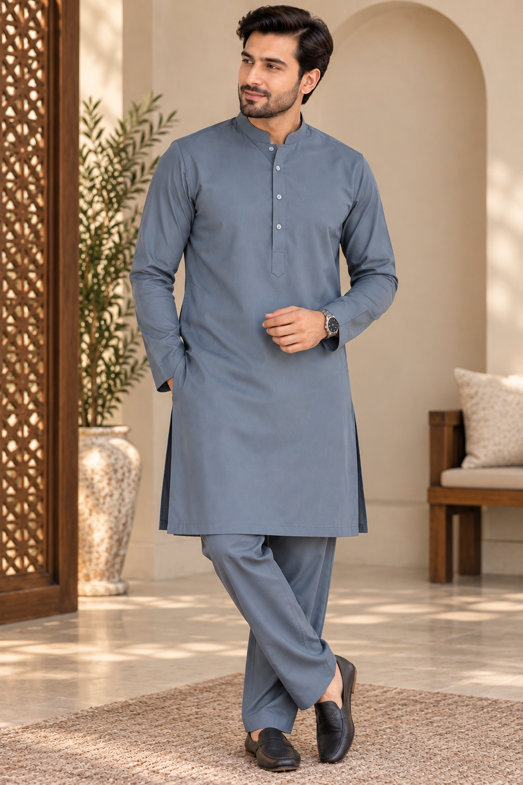 KPC1063 Grey Plain Kurta with Matching Grey Pyjama Set
