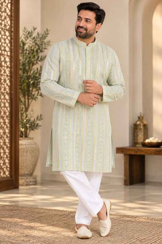 KPD6310 Pastel Green Gold Thread & Sequin Work Rayon Kurta with White Pyjama