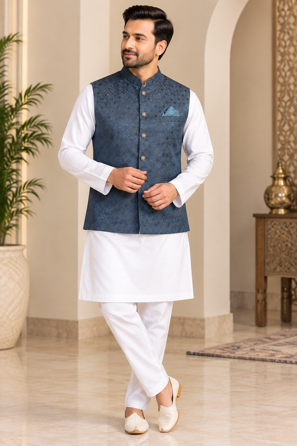 KPJ5317 Plus Size Teal Self-Patterned Jacquard Nehru Jacket