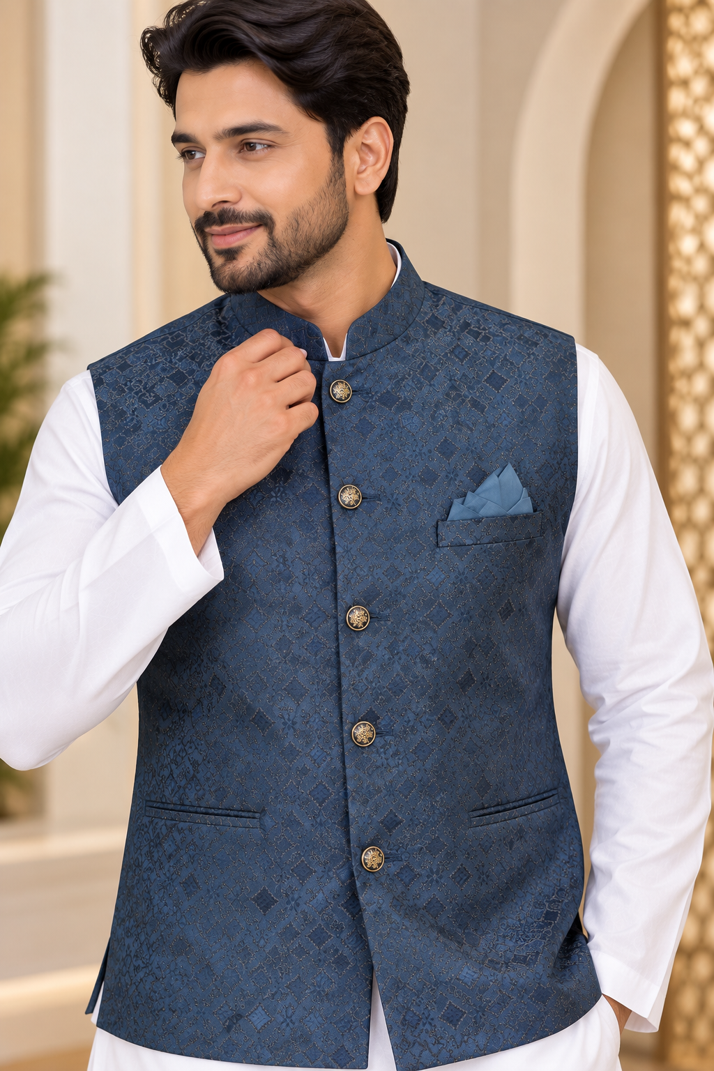 KPJ5317 Plus Size Teal Self-Patterned Jacquard Nehru Jacket