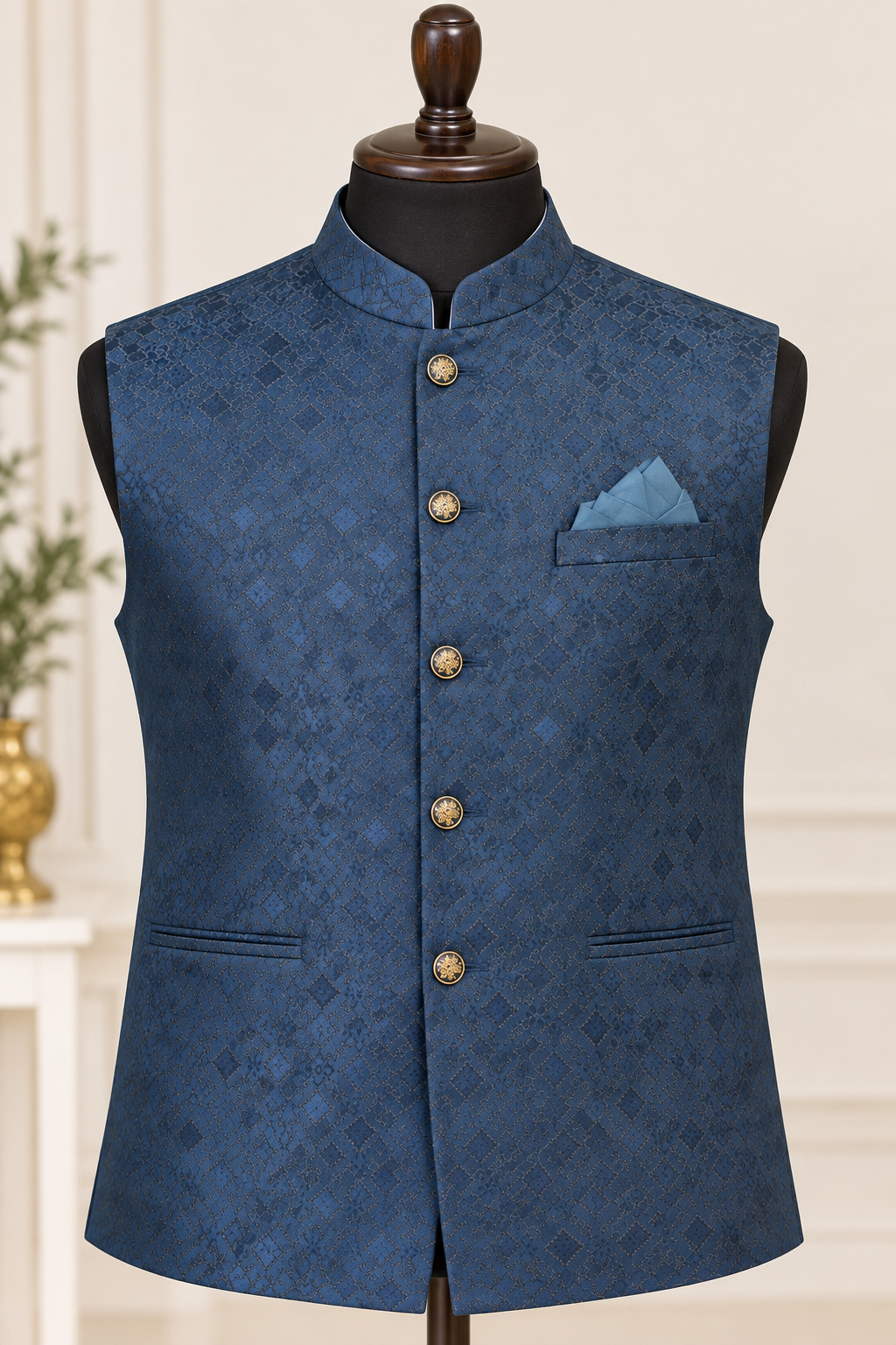 KPJ5317 Plus Size Teal Self-Patterned Jacquard Nehru Jacket