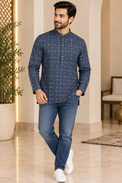 KPC1057 Navy Blue Printed Short Kurta for Men
