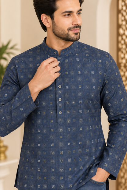 KPC1057 Navy Blue Printed Short Kurta for Men