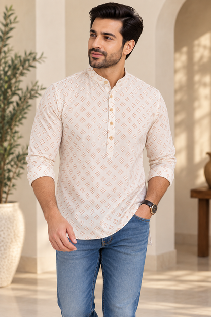 KPC1058 Cream Peach Printed Short Kurta for Men