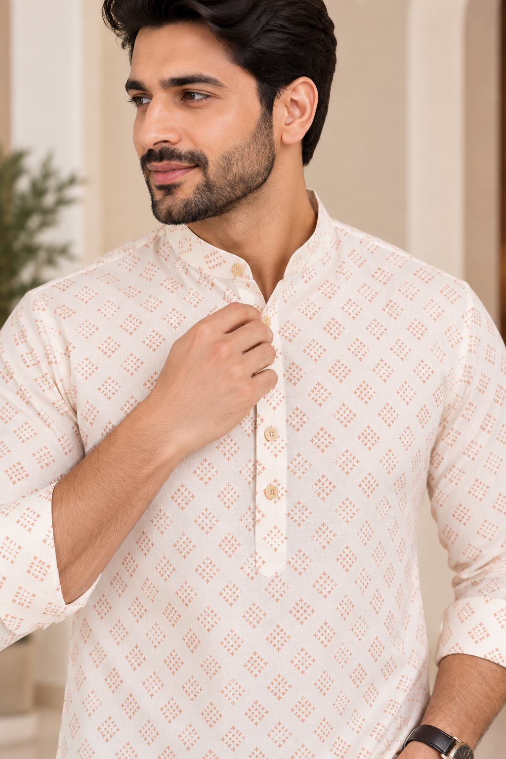 KPC1058 Cream Peach Printed Short Kurta for Men