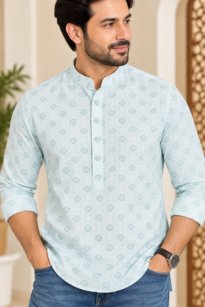 KPC1056 Light Sea Green Printed Short Kurta for Men