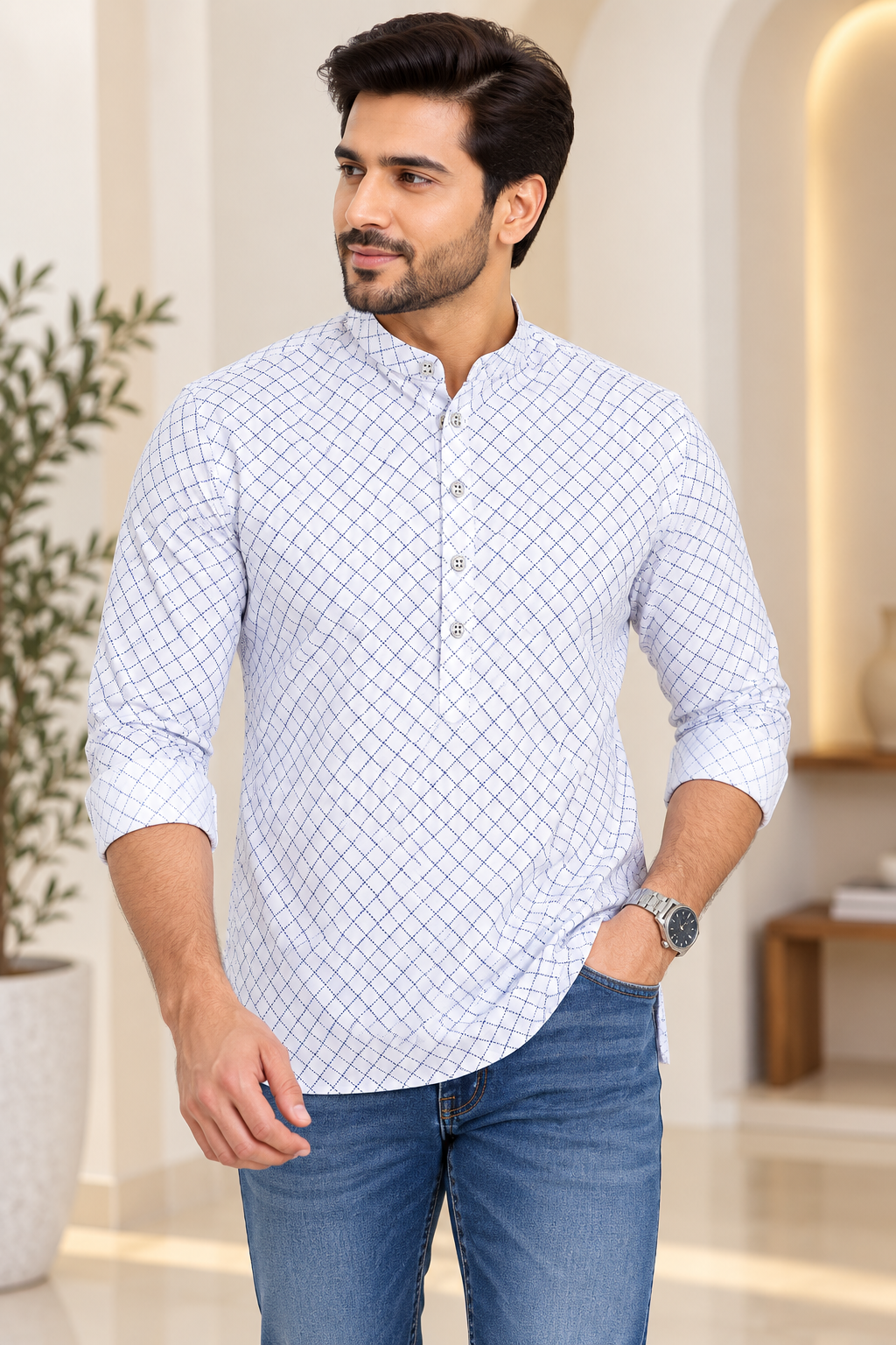 KPC1059 White & Blue Printed Short Kurta for Men