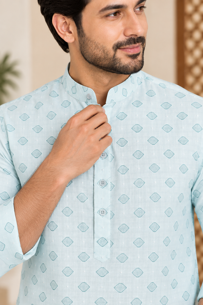 KPC1056 Light Sea Green Printed Short Kurta for Men