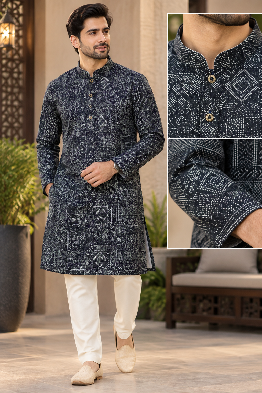 KPD6323 Black Geometric Printed Kurta with White Pyjama