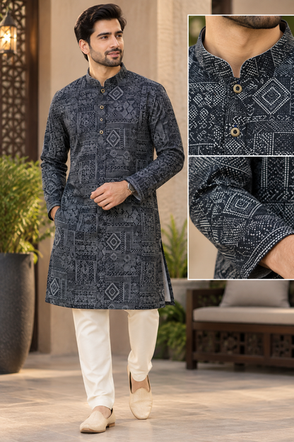 KPD6323 Black Geometric Printed Kurta with White Pyjama