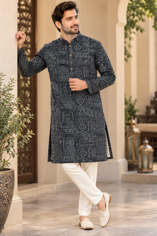 KPD6323 Black Geometric Printed Kurta with White Pyjama
