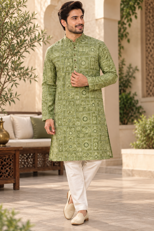 KPD6321 Olive Green Printed Kurta for Men