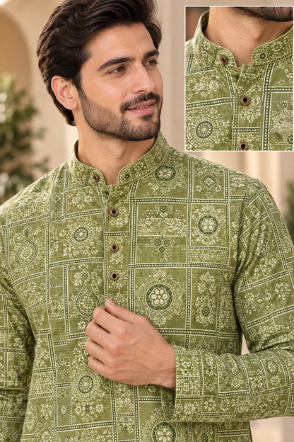 KPD6321 Olive Green Printed Kurta for Men