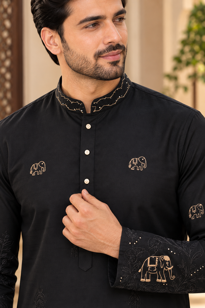 KPD6322 Black Elephant Embroidered Kurta for Men