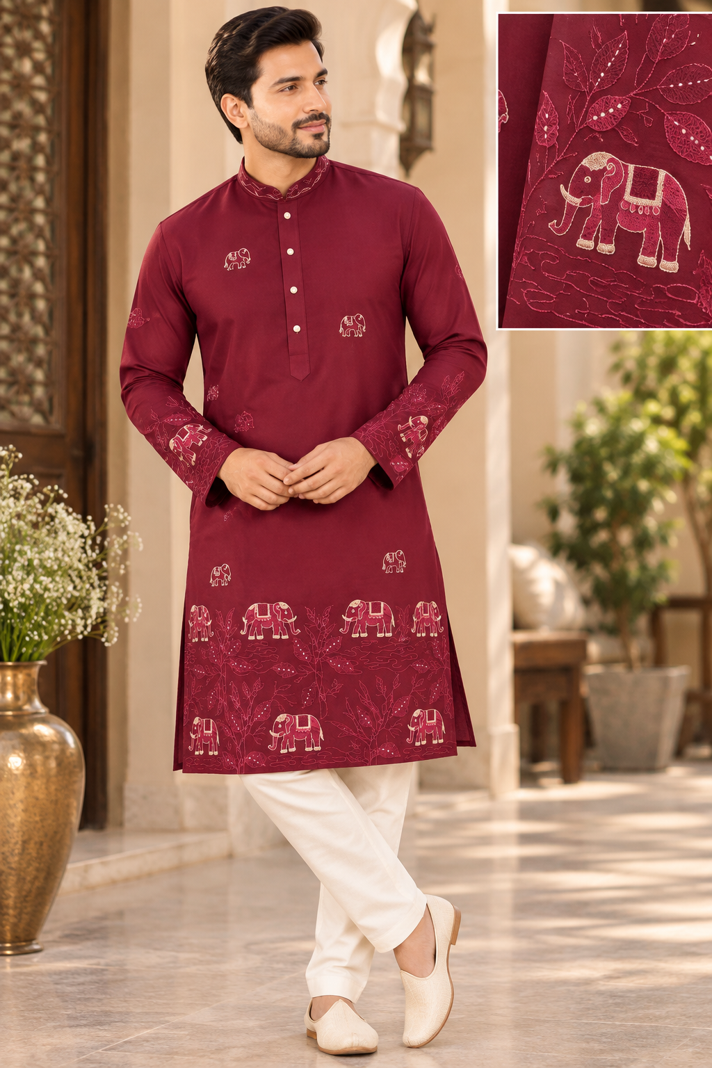 KPD6318 Red Embroidered Elephant Motif Kurta with White Pyjama for Men