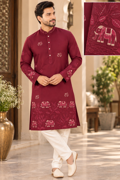 KPD6318 Red Embroidered Elephant Motif Kurta with White Pyjama for Men