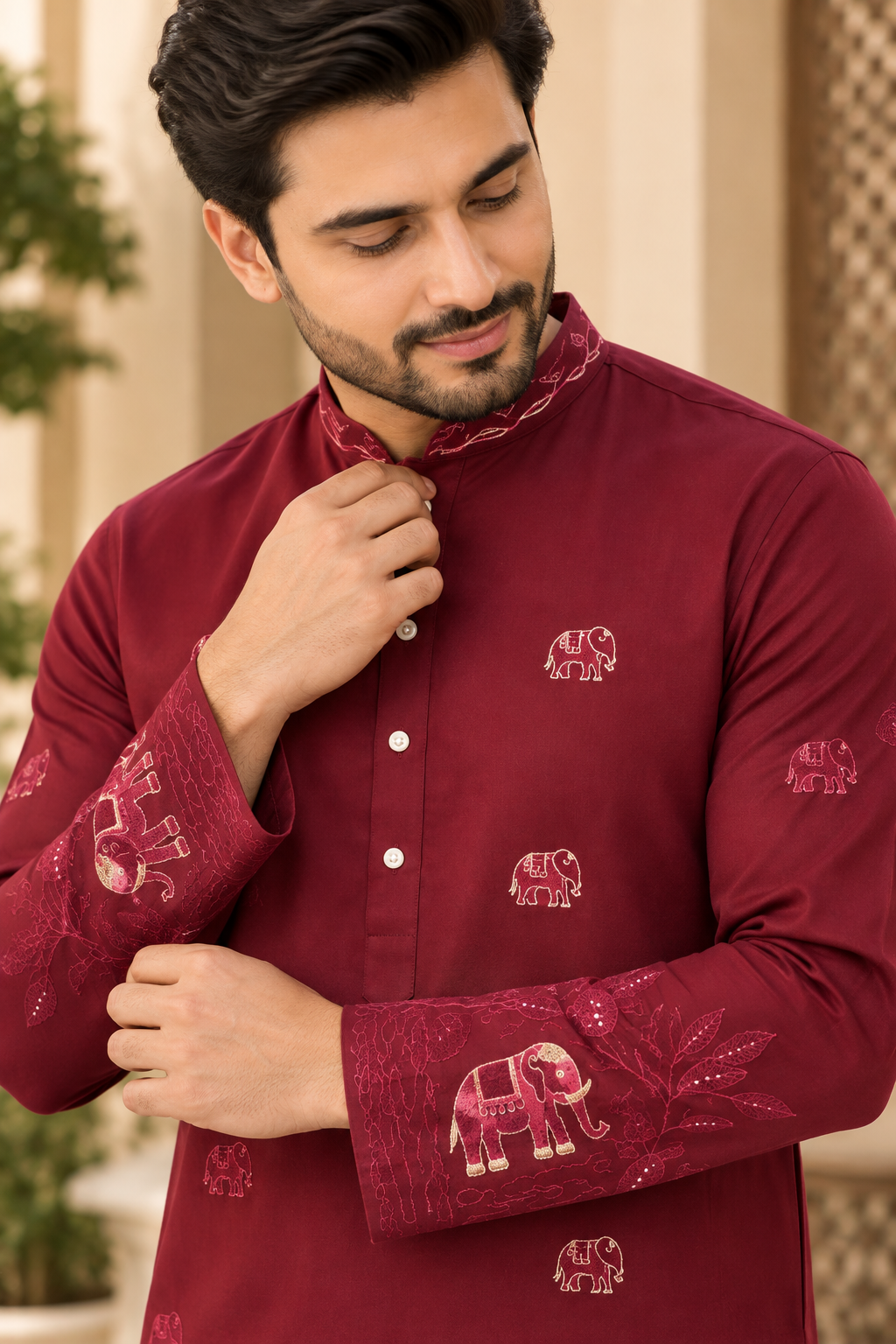 KPD6318 Red Embroidered Elephant Motif Kurta with White Pyjama for Men