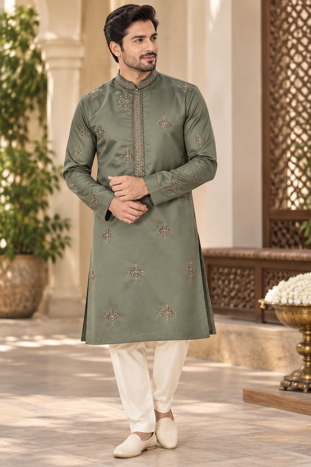 KPD6319 Sage Green Embroidered Silk Kurta with White Pyjama for Men