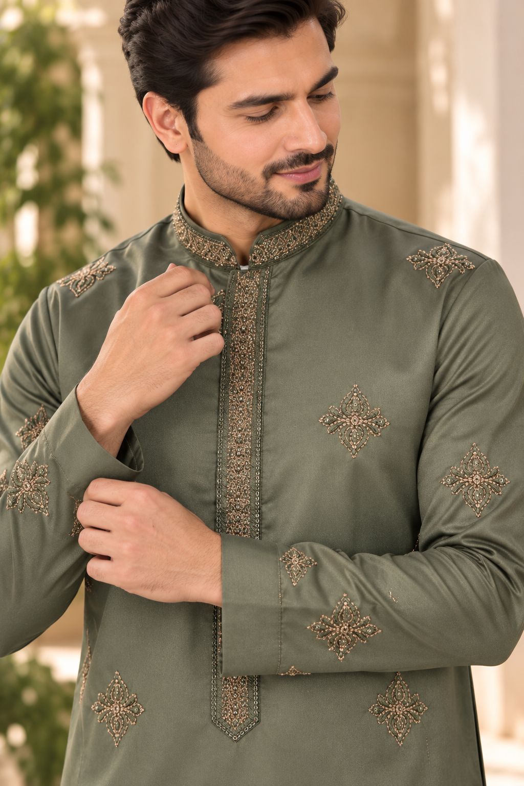 KPD6319 Sage Green Embroidered Silk Kurta with White Pyjama for Men