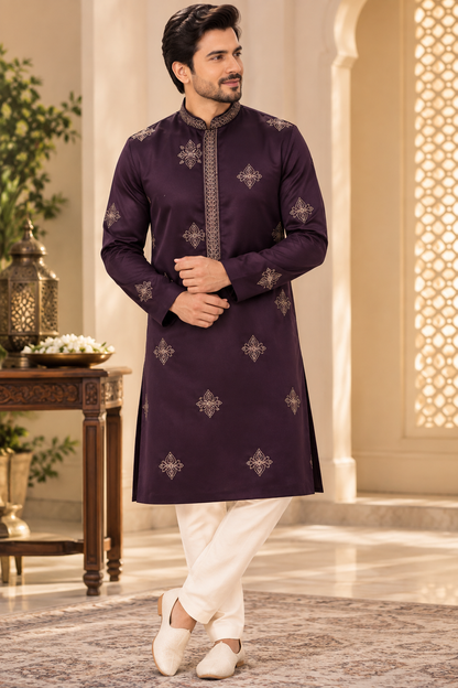 KPD6320 Deep Purple Gold Embroidered Kurta for Men