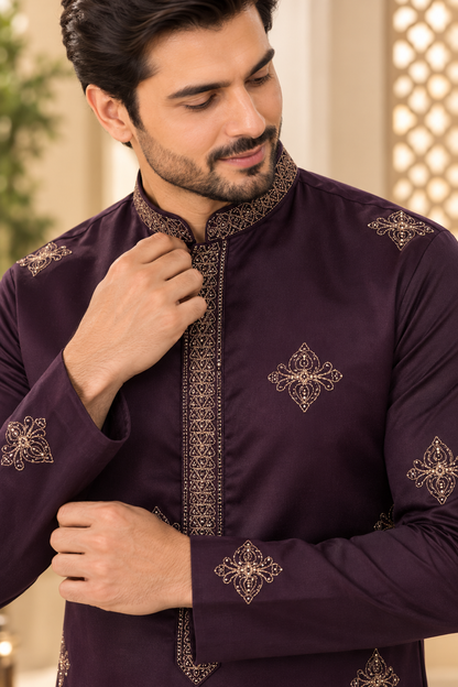 KPD6320 Deep Purple Gold Embroidered Kurta for Men