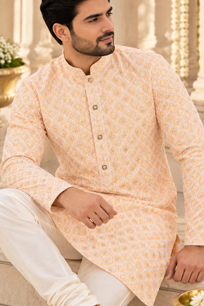 KPD6330 Light peach with sequins work kurta with White Pyjama