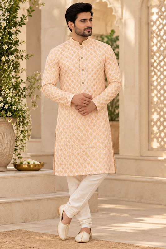KPD6330 Light peach with sequins work kurta with White Pyjama