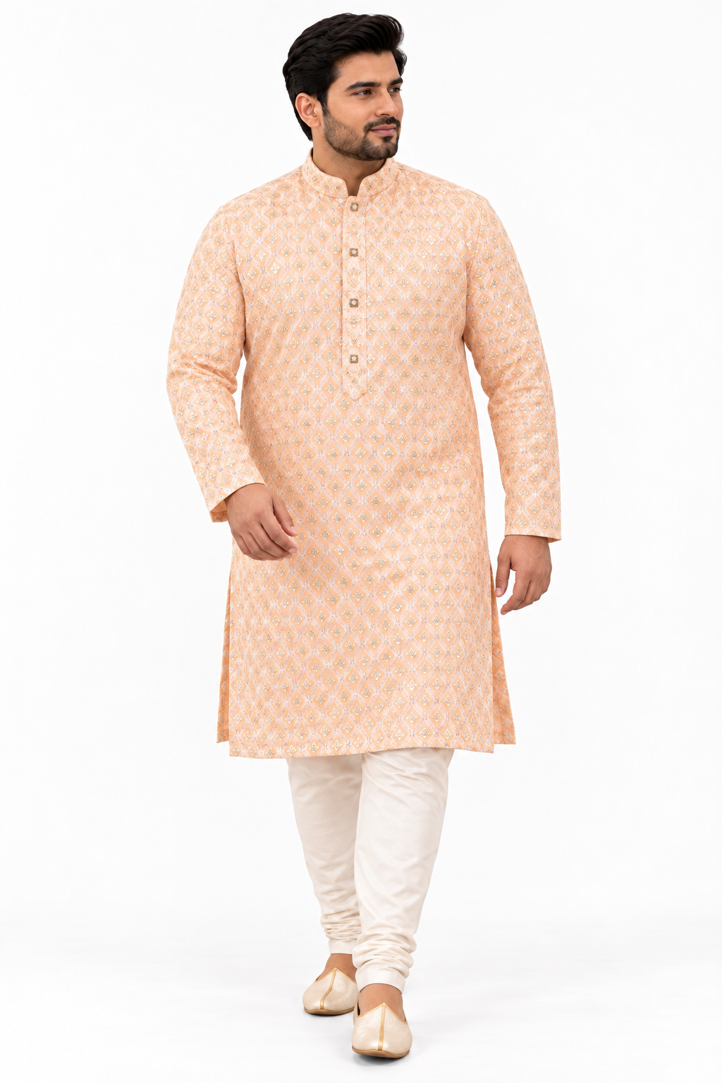 KPD4130 Plus Size Light peach with sequins work kurta with White Pyjama