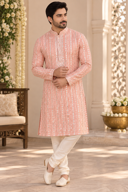 KPD4135 Peach sequins work kurta with White Pyjama