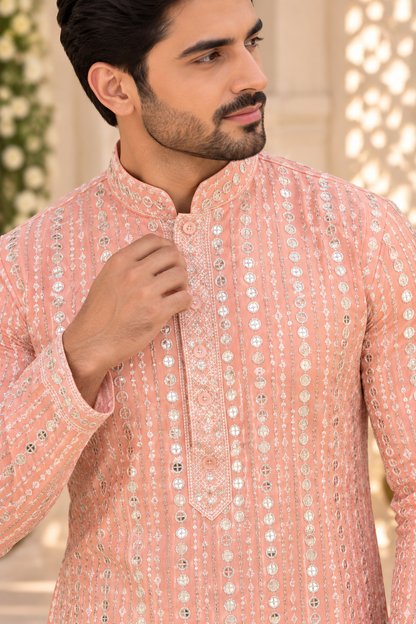 KPD4135 Peach sequins work kurta with White Pyjama