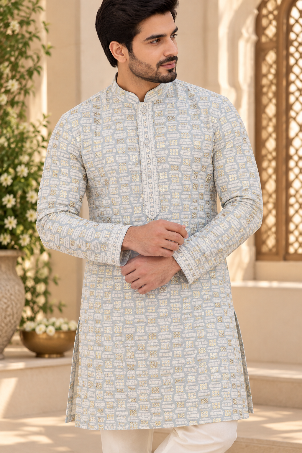 KPD6329 Grey thread and gold sequins work kurta with White Pyjama