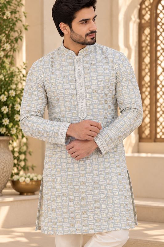 KPD6329 Grey thread and gold sequins work kurta with White Pyjama