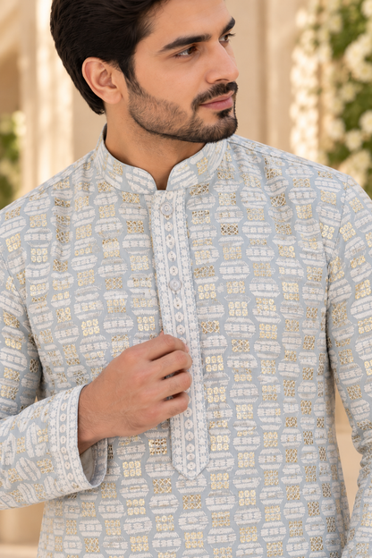 KPD6329 Grey thread and gold sequins work kurta with White Pyjama